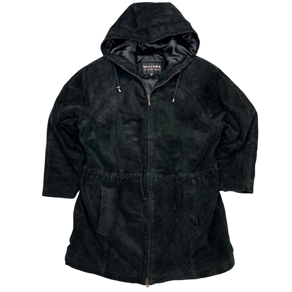 Vintage Wilsons Leather Parka Jacket Black Suede Full Zip Hooded 90s Womens Sz S